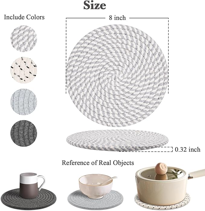 Trivets for Hot Dishes, 4 Pot Holders for Kitchen, Heat Resistant Mats for Countertop, 8 Inch Hot Pads for Hot Pots and Pans, Coaster, Home Essentials, Rustic Farmhouse Decor (Gray)