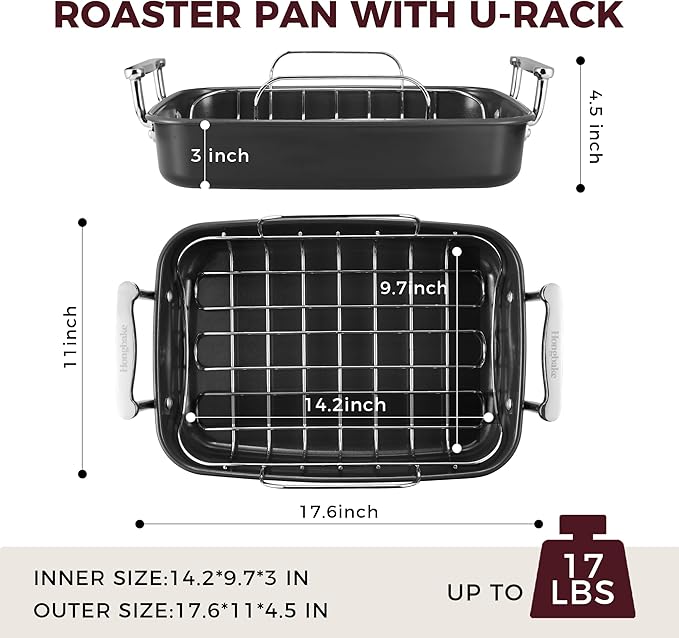 HONGBAKE Roasting Pan with Rack, 17.6×11 Inch Nonstick Roaster Pan for 17 lb Turkey, Chicken and Lasagna, Deep Turkey Pan for Oven, Heavy Duty Oven Roaster Tray, Wider Handles, Gray