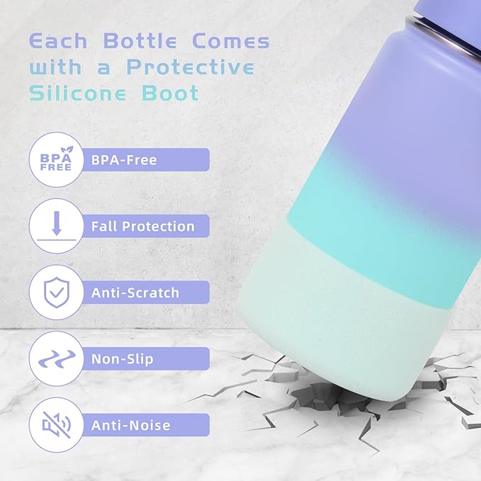 Volhoply 14oz KIds Water Bottle with Straw Lid and Silicone Boot Bulk 2 Pack,Stainless Steel Insulated Bottles for Boys & Girls Multipack, Double Wall Vacuum Leakproof Bottles(Purple Blue,2)