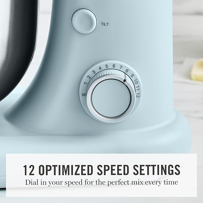 Martha Stewart Tilt-Head Stand Mixer, 12 Speed, 5.3QT Stainless Steel Bowl, Splash Guard with Pour Chute, Whisk, Dough Hook, Flat Beater, Electric Kitchen Baking Mixer, Bread, Cake, Whip, Sky Blue