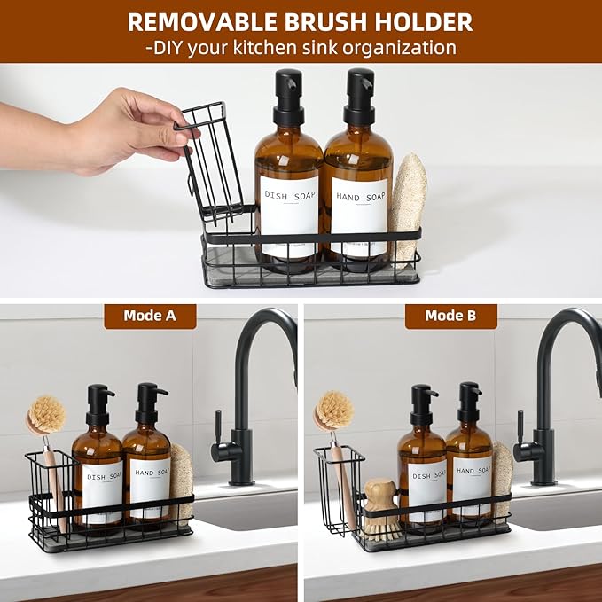 Dish Soap Dispenser for Kitchen, 16.9 fl oz Amber Hand and Dish Soap Dispensers, Kitchen Soap Dispenser Set with Sponge Holder, Brush Holder and Loofah Sponge, Countertop Sink Organizer Accessories