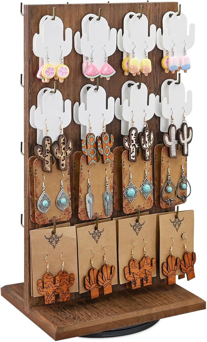 Ikee Design Wooden Rotating Two-Sided Jewelry Display Stand, Rotating Organizer with 32 Long Hooks for Store, Keychain Earring Display, Brown color, 9.1W x 7.5 D x 17.1 H in