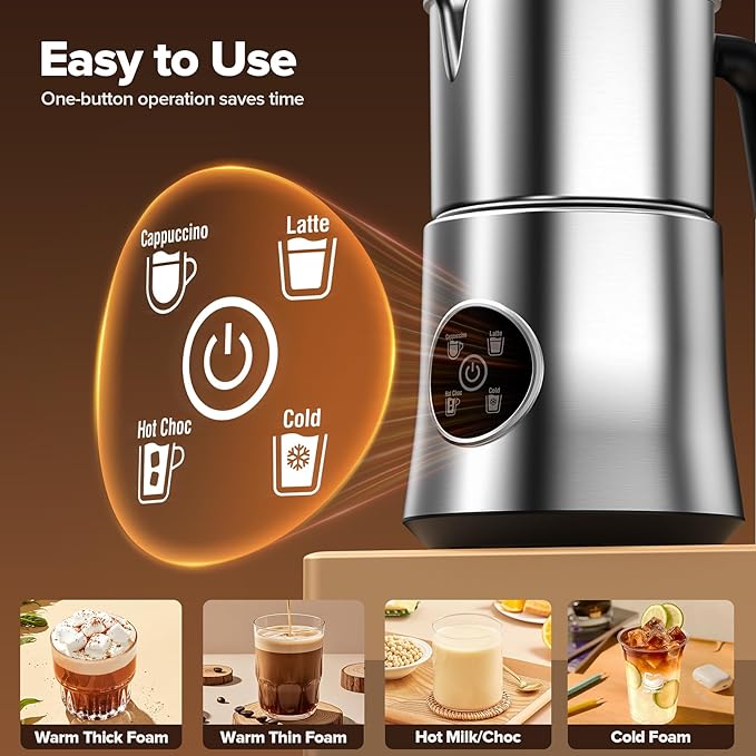 Milk Frother and Steamer, Automatic Hot and Cold Foam Maker with Detachable Stainless Steel Jug, 4-in-1 Electric Frother for Latte, Cappuccinos, Macchiato, and Hot Chocolate