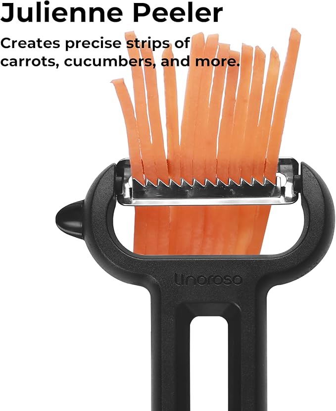 Linoroso 3 Pieces Vegetable Peeler Set with Straight Peeler, Serrated Peeler and Julienne Y-Peeler, Dishwasher Safe Classic Fruit Peeler for Kitchen, Potato Peelers for Peeling veggie and Food, Black