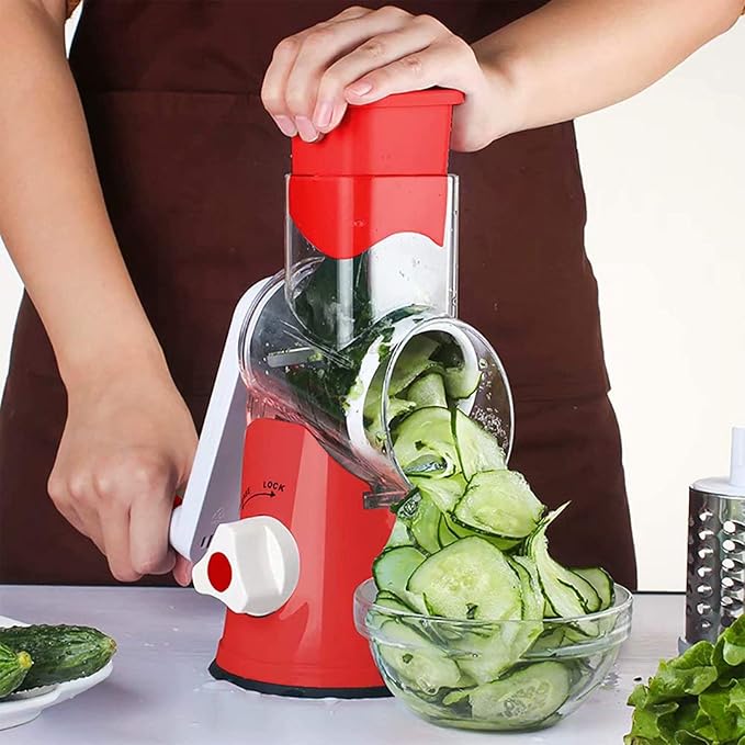 Rotary Cheese Grater Grinder Vegetable Shredder 3-in-1 Vegetable Slicer Shredder for Cheese Potato Onion Cucumber Carrot Red