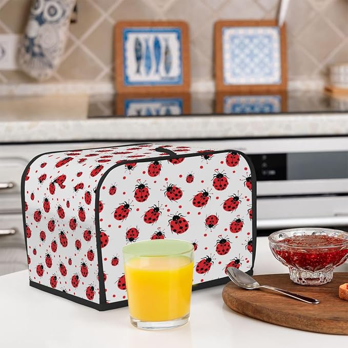 2 Slice Toaster Cover,Red Ladybug On White Small Kitchen Appliance Bread Machine Cover with Pockets,Dust & Fingerprint Protection
