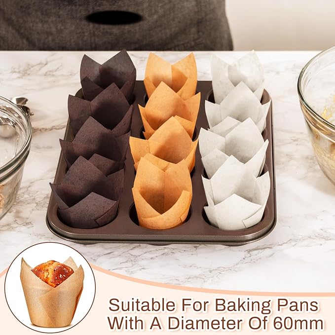 Motiskyy 600 Pcs Jumbo Muffin Liners for Baking 2-1/4" x 4" Large Tulip Cupcake Liners Greaseproof Cupcake Wrapper Paper for Weddings Birthday Christmas Anniversaries Party (Light Brown,White,Brown)
