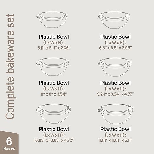 Bakken Master 12 Piece Plastic Nesting Bowls with Lids - Mixing Bowls Set includes 6 Prep Bowls and 6 Lids, BPA-Free, Reusable Meal Prep Containers, Microwave, Freezer & Dishwasher Safe, White Cream