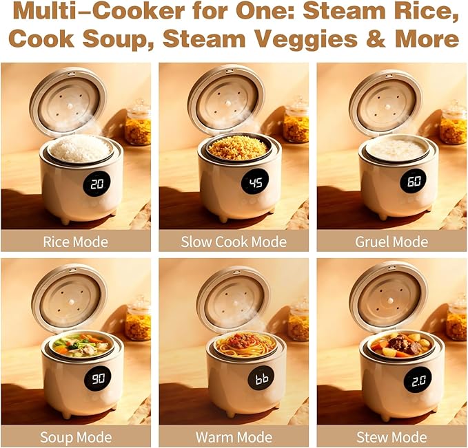 Small Rice Cooker, 2-Cups Uncooked/4-Cups Cooked with Handle, 6 Intelligent Cooking Modes for White Rice, Quinoa, Oatmeal - with Nonstick Inner Pot, Measuring Cup & Serving Spoon, 1.6L Capacity