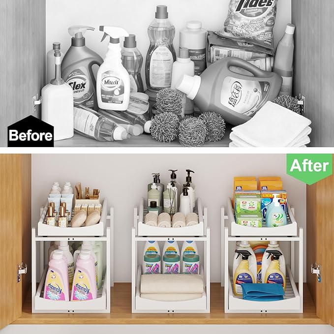 MHXW SXPN Bamboo Under Sink Organizer and Storage, Pull Out Cabinet Organization, 2 Tier Vertical Slide Out Undersink Storage Shelf, Organizer Shelves for Kitchen Bathroom Medicine (White, 2 Pack)