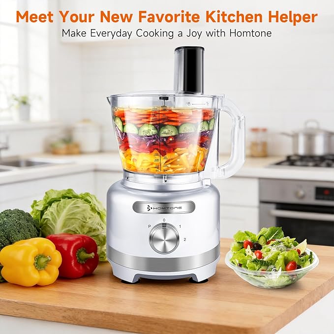 Homtone Large Food Processor 16-Cup 9-IN-1 Food Processing for Home Meal Prep, 3-Speed, 7 Blades for Shredding, Slicing, Chopping, Kneading, Emulsifying, French Fry Disc, Dishwasher Safe, Silver