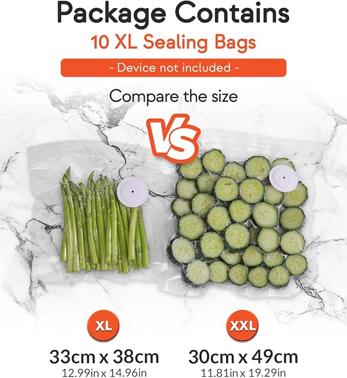 Reusable Vacuum Sealer Bags for Food, XL 10 Pack (33 x 38 cm / 13 x 15 in) – BPA‐Free, Leak‐Proof Zip Bags with Air Valve, Freezer & Sous Vide Safe, Works with Handheld Sealers