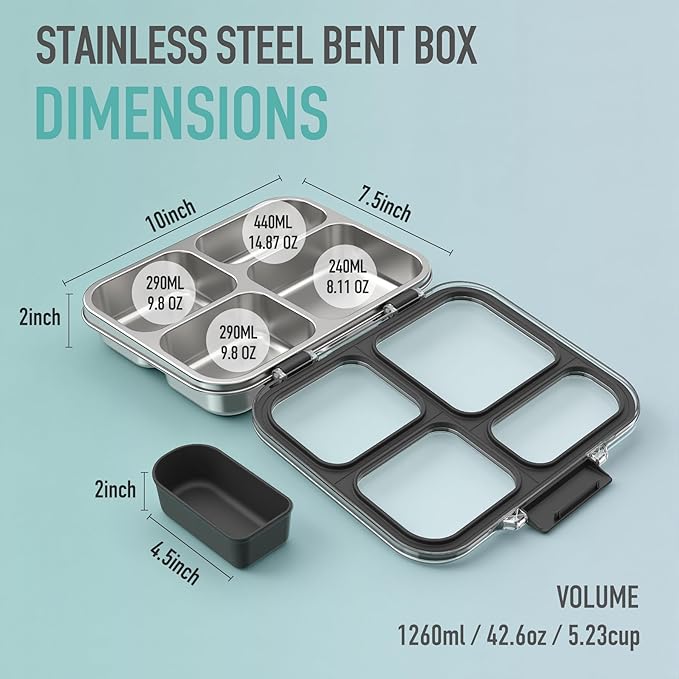 Stainless Steel Bento Box for Kids with Silicone Container, 4 Compartment Metal Lunch Box Kids Adults, Removable Silicone Seal & Clear Lid, Leak Proof Food Storage Container for MealBlack