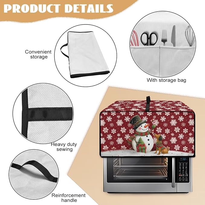 Toaster Oven Dust Cover with Storage Pockets, Protective Decorative Smart Oven Cover for for Kitchen Countertop, S, Snowman Dachshund Dog Snowflake Red Christmas Decor