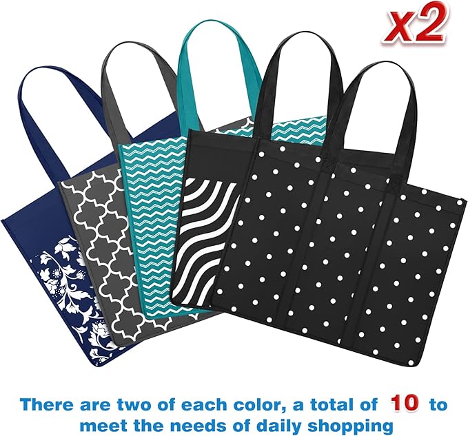 Fab totes 10 Pack Reusable Grocery Bags for Groceries 35L Large Capacity Heavy Duty Waterproof Tote Bags for Shopping and Picnic with Sturdy Handles