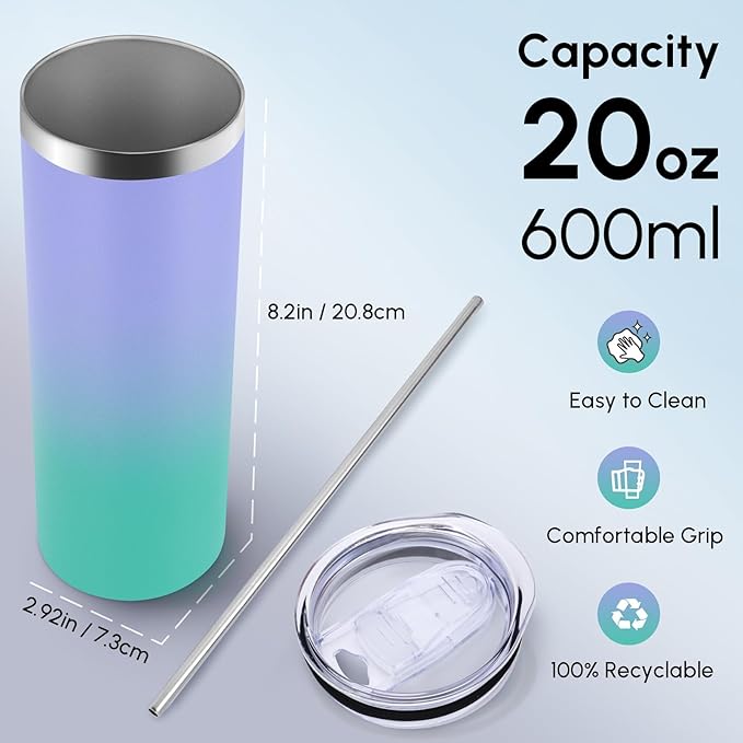 Volhoply 4 Pack Skinny Tumblers with Lid and Straw, 20oz Stainless Steel Straight Tumbler Bulk, Vacuum Insulated Coffee Mug for Home, Office, Travel, DIY (Purple Green,4 Pack)