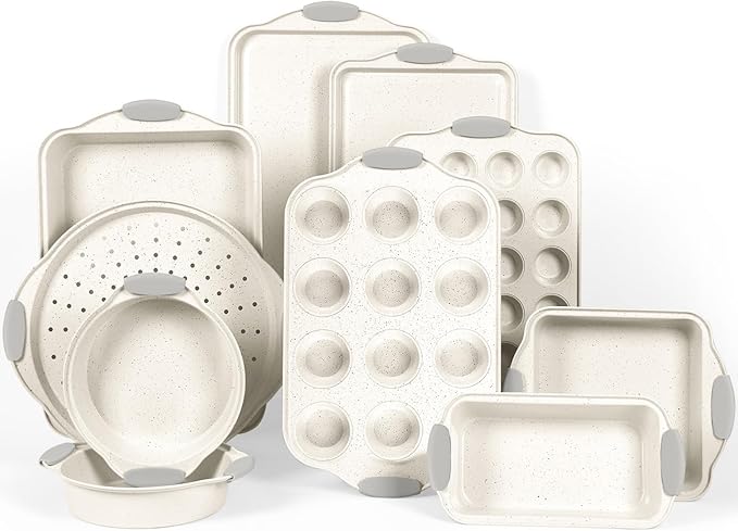 10-Piece Nonstick Baking Pans Set, Stackable Non-Toxic Bakeware Sets with Silicone Handle, Oven Pan Set for Cooking, Includes Easy Release Cookie Sheet, Roasting Pan, Muffin Tin (Cream)