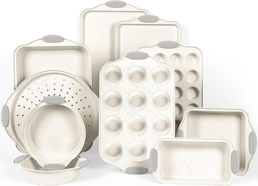 10-Piece Nonstick Baking Pans Set, Stackable Non-Toxic Bakeware Sets with Silicone Handle, Oven Pan Set for Cooking, Includes Easy Release Cookie Sheet, Roasting Pan, Muffin Tin (Cream)