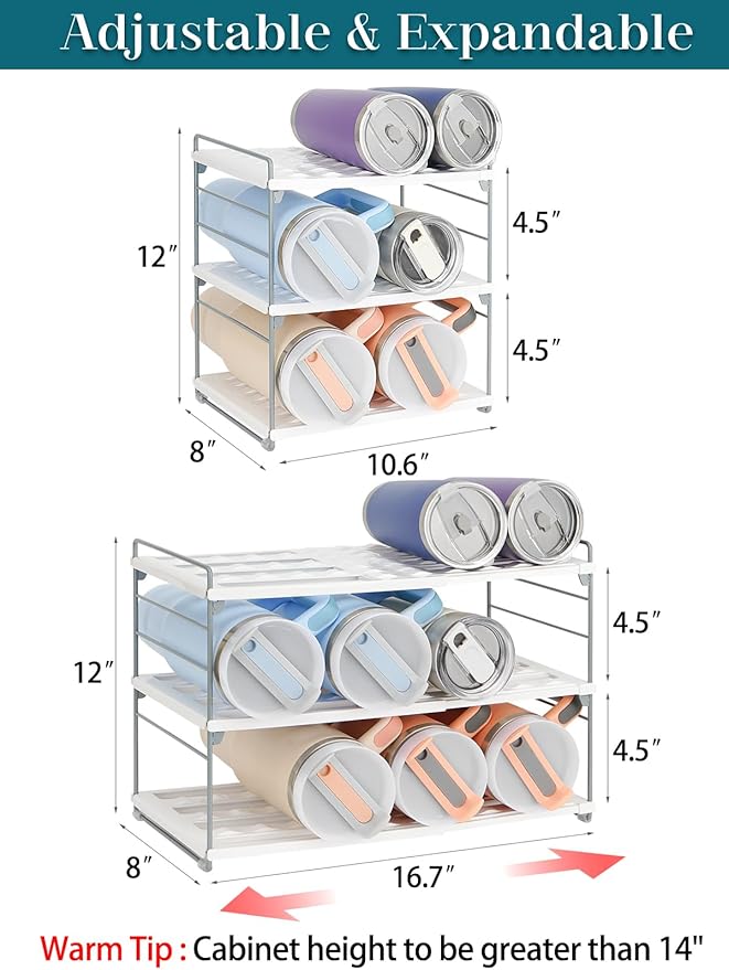 Upgraded Large Expandable Water Bottle Organizer Designed for 40 oz Stanley, Owala & Yeti Tumblers, Adjustable Storage Rack for Travel Mug Cabinet, Pantry, and Kitchen Organizer, Fits 20/30 oz Bottles