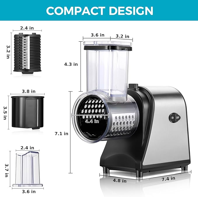 5-in-1 Electric Cheese Grater & Vegetable Slicer – 250W One-Touch Shredder with Stainless Steel Blades for Block Cheese, Vegetables, Fruits & Nuts