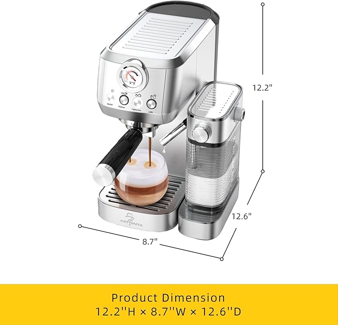 MAttinata CM1633 Cappuccino Machine 20 Bar, Professional Espresso Machines with Automatic Milk Frothering, Barista Compact Latte Maker for Home, with Pressure Gauge for Coffee Lovers, Stainless Steel