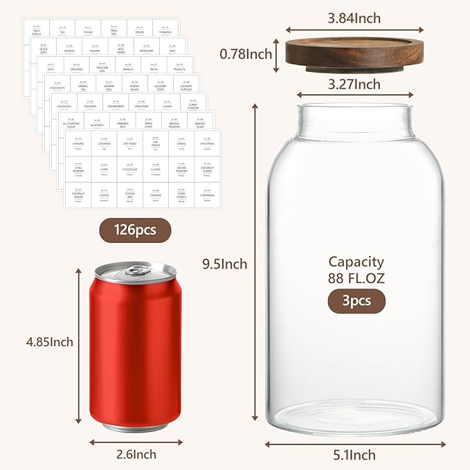 88oz Large Glass Storage Jars with Airtight Acacia Lid and 126 Kitchen Pantry Labels Set of 3, Clear Food Storage Containers for Rice, Pasta, Oats, Cookies and Dry Food