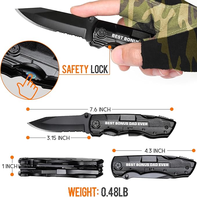 Bonus Dad Gifts, Multitool Knife, Bonus Dad Christmas Practical Gifts, Bonus-Dad Fathers Day Birthday Gift, Gift for Camping, Hiking, Fishing, 20 in 1 Multitool