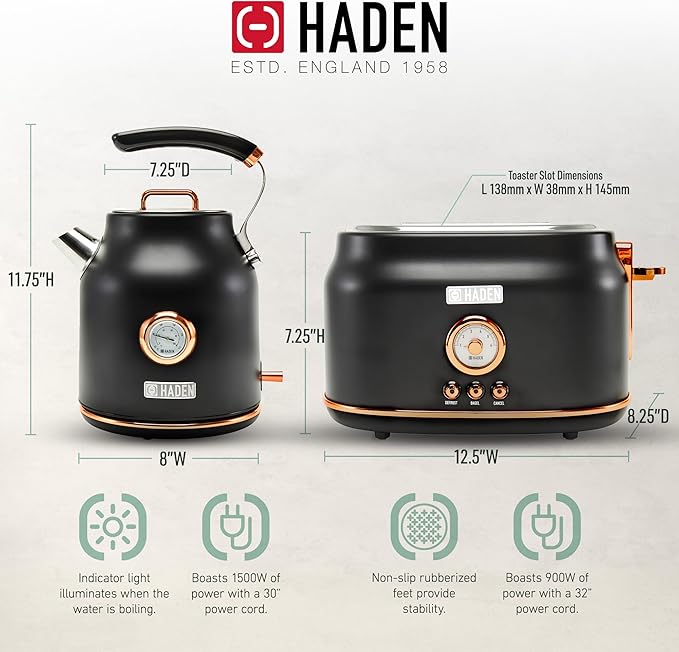 Haden Dorset 1.7 Liter Stainless Steel Electric Kettle with 360-Degree Base Bundled with 2 Slice Wide Slot Stainless Steel Toaster, Black & Copper