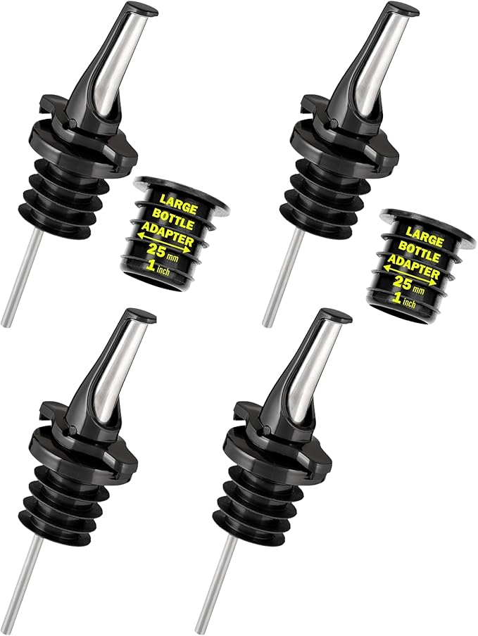 Poura 4 Liquor Pour Spouts (Black) with Built-in Caps for Optimal Fly & Dust Protection - Dishwasher Safe, Hygienic Spouts - with 2 Adapters for Large Neck Bottles
