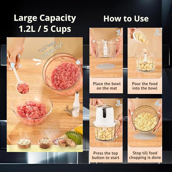 5-Cup Cordless Food Processor & Meat Grinder, USB-C Rechargeable - Perfect for Apartment, RV & Travel (Sliver)