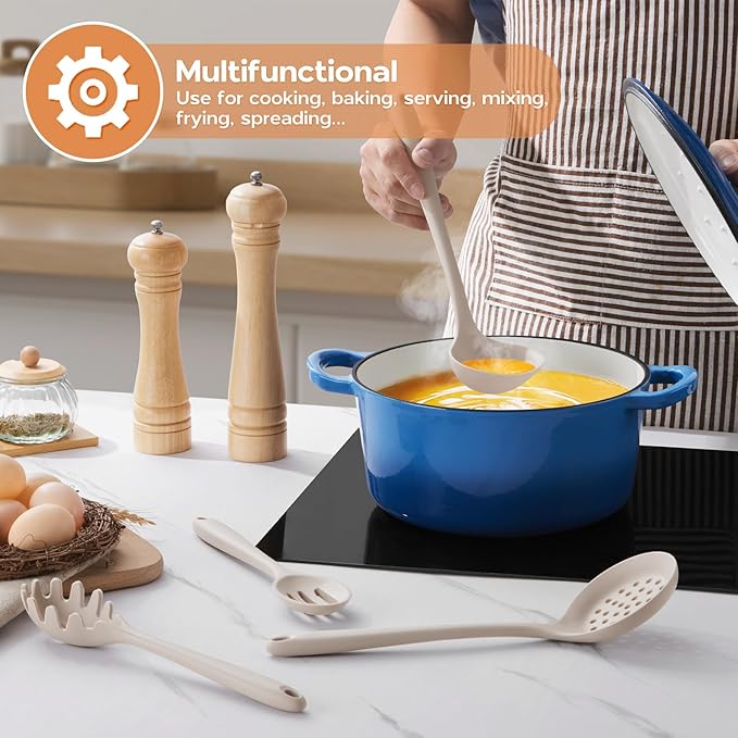 Onader Kitchen Utensils Set, Silicone Non Toxic Cooking Utensils, 6 Pcs Heat Resistant Kitchen Gadgets Set for Nonstick Cookware - Khaki
