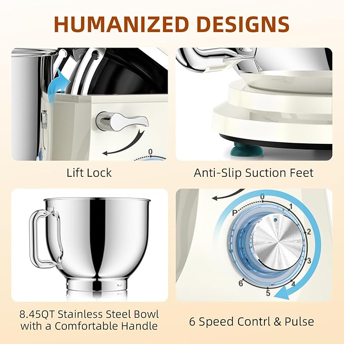 Dough Mixer 8.45 QT Electric Mixer - 660W 6 Speed Large Capacity Kitchen Stand Mixer with Whisk Dough Hook Mixing Beater Household Food Mixer for Baking Cakes Cookie Bread Salad
