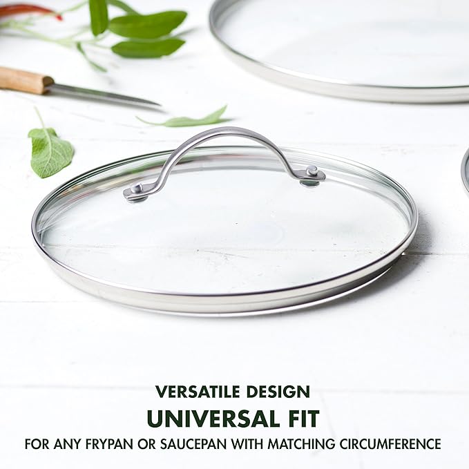 GreenPan 8.5" Universal Glass Lid with Stainless Steel Handle, Tempered Glass Lid for Frying Pan Skillet, PFAS-Free