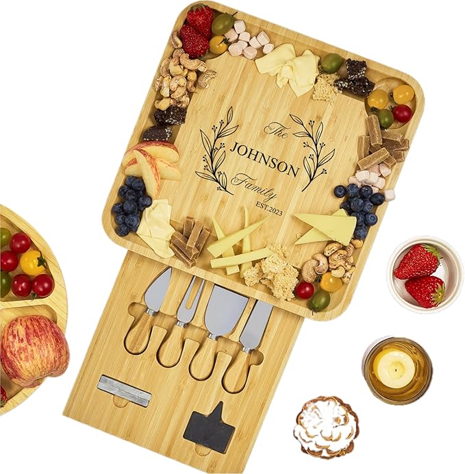 Personalized Charcuterie Board Cheese Board and Knife Set, Engagement Gifts, Customized Wedding Gifts for Couples Anniversary Gift Engraved Birthday House Warming Gifts (Personalized Cheese Board)