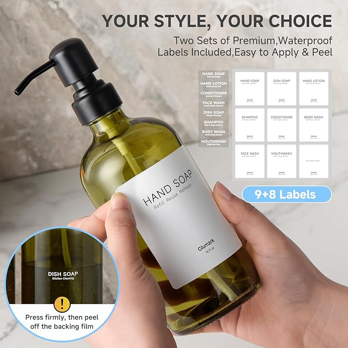 2 Pack Kitchen Soap Dispenser Set - 16oz Green Glass Dish and Hand Soap Dispenser with Stainless Steel Pump, Instant Dry Tray, Dish Brush & Holder, Refillable Countertop Sink Decor for Kitchen & Bath