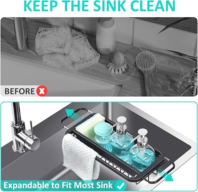 TOOLF Expandable Sink Caddy with Dish Towel Bar, Adjustable Over-The-Sink Organizer for Kitchen, Rustproof Sponge Holder and Drying Rack