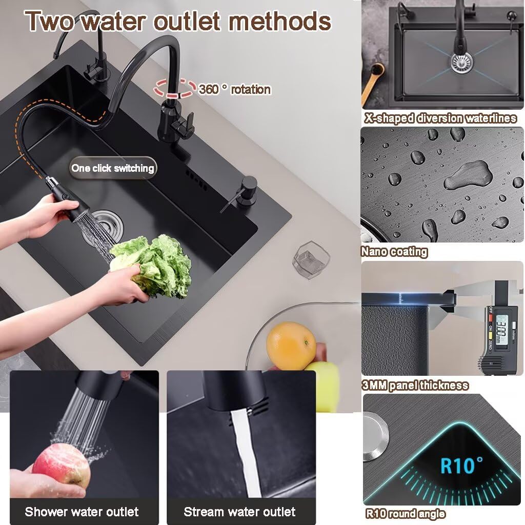 Black Drop in Kitchen Sink, Stainless Steel Single Bowl Sink with 3 Holes, Topmount Workstation Sink, Farmhouse Rectangle Basin with Multiple Accessories (23.6 * 17.7 * 7.9in)