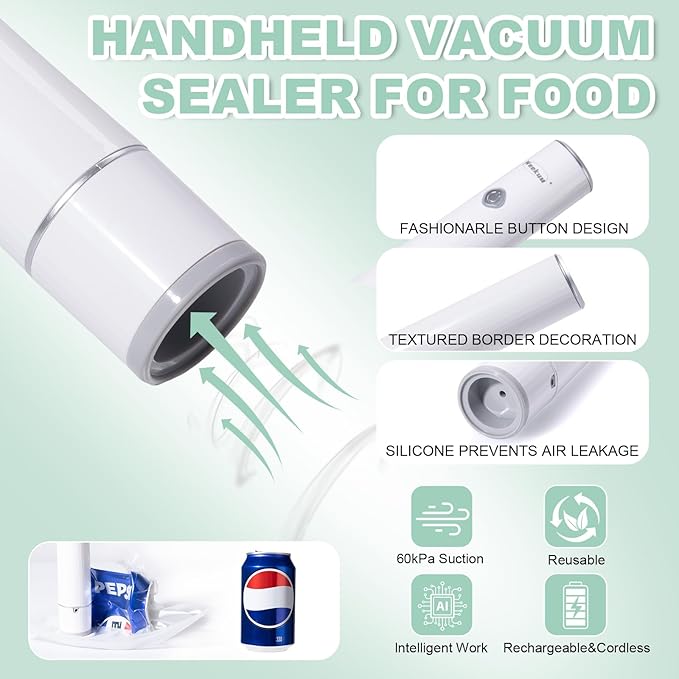 Handheld Vacuum Sealer for Food Storage – Portable & Rechargeable, Easy One-Hand Automatic Operation, 1 Vacuum Sealer + 30 Food Reusable Bags (50 Bags Optional)