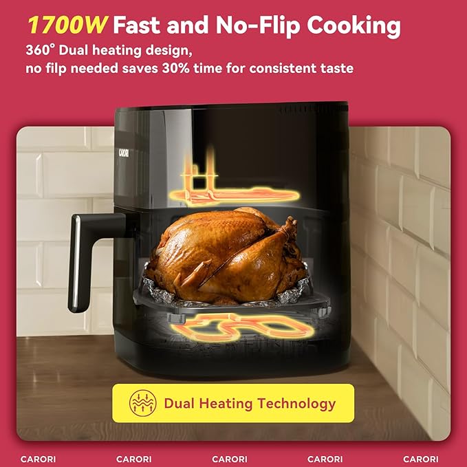 CARORI 6QT Dual Heat Air Fryer with Viewing Window, 14 Presets for Fry, Roast, Bake & More, 392℉ Max Crisp Without Flipping, 1700W Fast Cooking, Dishwasher Safe Basket