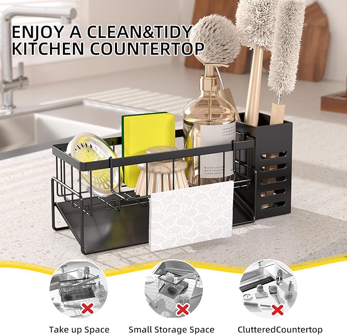 Kitchen Caddy Sink Organizer,Sponge Holder with Dish Brush Holder,Sponge Caddy Soap Dispenser Storage,304 Stainless Steel Kitchen Sink Accessories Over the Sink Shelf