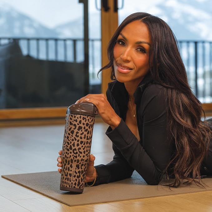 HydroJug Ease2o Water Bottle with Straw & Chug Lid, Stainless Steel, Vented Cap to Help Reduce Pressure, Water-Level Window, Cup Holder Friendly, Non-Slip Base – 40oz, Brown Leopard