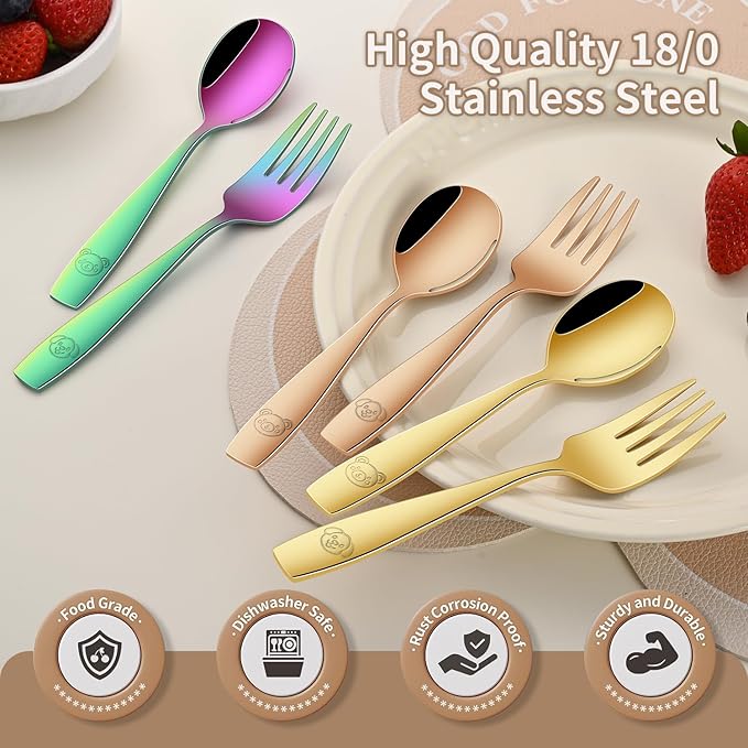 DEHOV Colorful Toddler Eating Utensils Set,Set Of 12 Food Grade Stainless Steel Silverware Sets For Kids,Dishwasher Safe Children Small Metal Spoons And Forks Flatware Sets