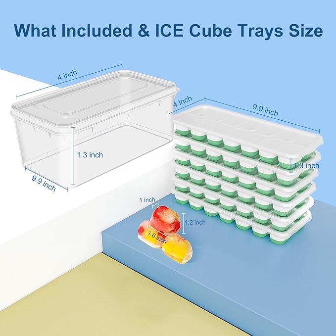 Ice Cube Trays with Lid and Bin, Silicone Plastic Ice Cubes Trays 11 Pack, Stackable Molds for Freezer, Storage Iced Bucket Kits BPA-Free and Odor-Free