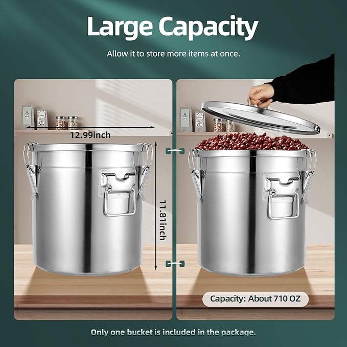 304 Stainless Steel Airtight Canister for Kitchen, 5.5Gal Canisters Container with Lids and Sturdy Locking Clamp,Bucket Food Storage Containers Airtight for Flour Coffee Bean Tea (21L)
