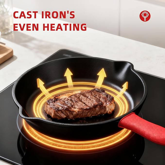 6/8/10 Inch Seasoned Skillet 3-Piece Set, for Frying, Saute, &More, for Oven, Stove, Grill, or Campfire, Black, with Silicone Handle Grip Covers