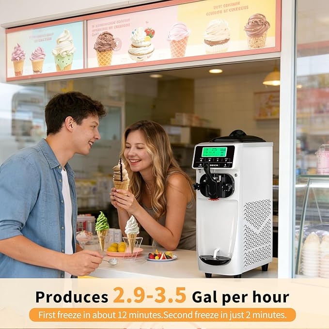 Ice Cream Machine – 3.5 Gals/H Single Flavor Ice Cream Maker 5 Inch Screen Soft Serve Ice Cream Machine with Pre-Cooling Soft Serve Machine with 1.6 Gals Tank for Home, Parties,Cafés,and School