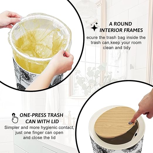 Trash Can with Lid Intricate Rooster Sunflower Black White Press Top Round Small Garbage Bin with Wooden Legs Waste Basket for Kitchen Bedroom Nursery 7L/1.8 Gallon