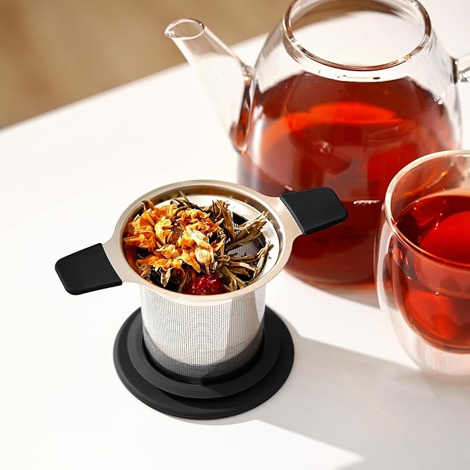 Stainless Steel Tea Infuser for Loose Leaf Tea – Extra Fine Mesh Strainer with Heat Proof Double Handles & Lid, Reusable Filter Fits Mugs, Cups & Teapots, Black