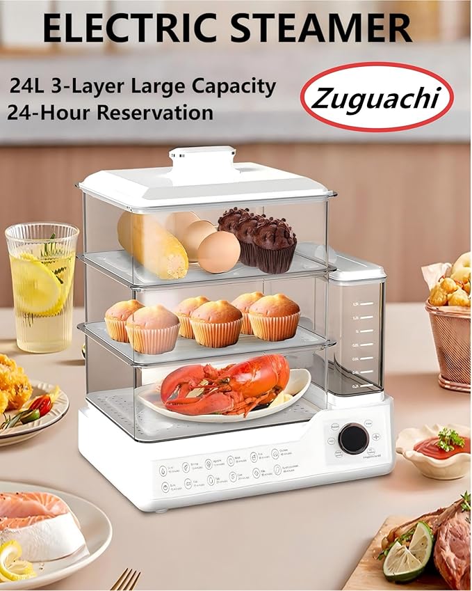 Zuhuachi 24L Electric Steamer, Three-Layer Food Steamer, Stainless Steel Steamer With Detachable Water Tank, 800w Large Capacity Breakfast Machine With Timer, Suitable For Families And Gatherings