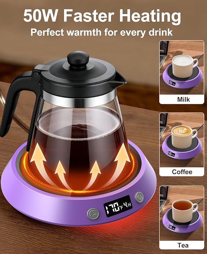 Kepwam Coffee Mug Warmer - 50W Electric Coffee Warmer for Desk 3 Temp Settings & 2-9 Timer Smart Cup Warmer for Desk Candle Warmer Plate with LED Lights Beverage Tea Milk Warmer for Home & Office